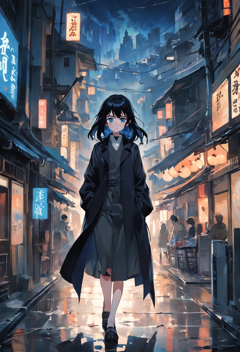 Best clarity and clarity、Many-Layer Textures、Albedo e mapas Speculares、Surface Coloring、Accurate simulation of light-material interactions、Two-dimensional woman,Black hair and blue eyes,black greatcoat,leg loops,arma,Melancholy and lonely expression,The look of walking towards the audience,((best qualtiy)),((tmasterpiece)),perfectly proportions