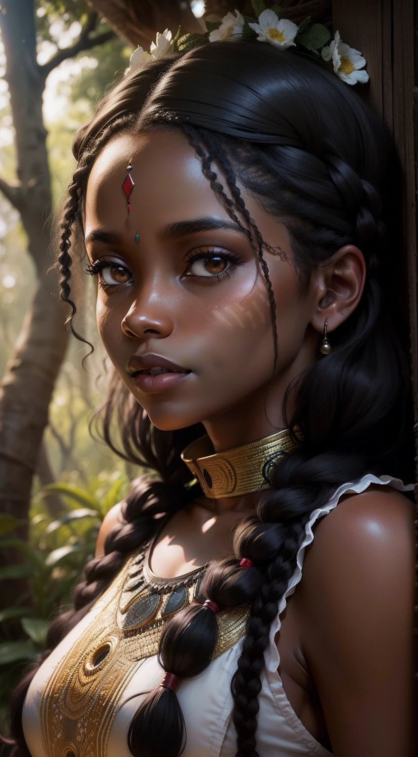 Imagine a captivating painting, sculpture, or digital artwork that celebrates the unique beauty and cultural fusion of a young girl of East Asian (Japanese) and Central African (South Sudanese) descent. 

Visual Elements:
1. Portrait: Create a central focus on the girl's face, emphasizing her striking features that reflect her East Asian and Central African heritage. Illustrate her almond-shaped eyes, dark skin, nubian nose, african lip, delicate facial structure, and a warm, radiant smile, evoking a sense of grace and inner strength.

2. Cultural Attire: Dress the girl in a combination of traditional Japanese and South Sudanese garments. Combine the elegance of a Japanese kimono with vibrant and colorful fabrics found in South Sudanese cultural attire, such as a beautifully patterned headwrap or a vibrant tribal-inspired necklace. These elements should symbolize the girl's roots and honor both her ancestral lineages.

3. Symbolic Imagery: Incorporate symbolic elements that represent the merging of Japanese and South Sudanese cultures. For example, in the background, include cherry blossom trees, symbolizing Japan's beauty and transience, gently blending with African baobab trees, representing longevity and strength. Additionally, consider incorporating other symbolic elements like koi fish swimming alongside African wildlife, signifying the coexistence of two vibrant ecosystems.

4. Background: Set the artwork against a backdrop that blends elements from both East Asian and Central African landscapes. Merge elements like serene Japanese gardens, with their meticulous arrangements of stones and water features, alongside vast African savannahs with silhouettes of animals like elephants or giraffes. This integration showcases the harmony between different natural environments, mirroring the girl's harmonious heritage