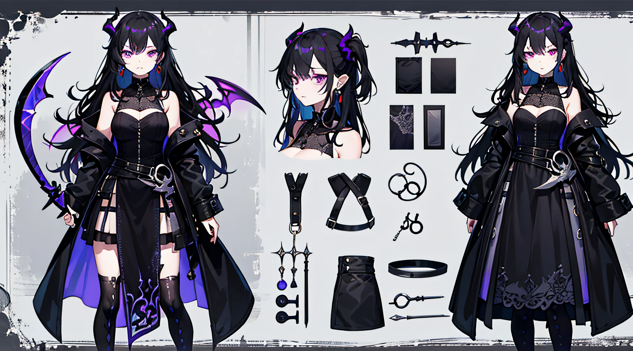 (Masterpiece, best quality) detailed, character sheet, many items (+ Demonic power, armed with a black scythe, many parts), + A young girl, she is very confident, black with some purple long hair, dressed in a fashion forward dress, with a determined expression on her face, she is dark and gritty, has a sense of danger and strength, she has purple eyes, a black earring in her right ear, full of details.