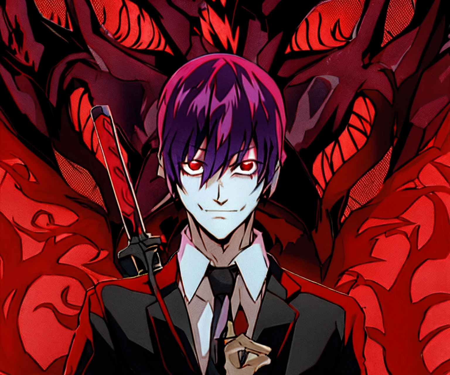 anime character with a gun in front of a demonic background, badass anime 8 k, handsome japanese demon boy, estilo de arte persona, Demon Boy, Epic anime style, Gapmoe Yandere Grimdark, Gatilho Estilo de Arte de Anime, Gapmoe Yander, estilo anime 4K, 2 d estilo anime, Melhor Anime 4K Konachan Wallpaper, Yandere