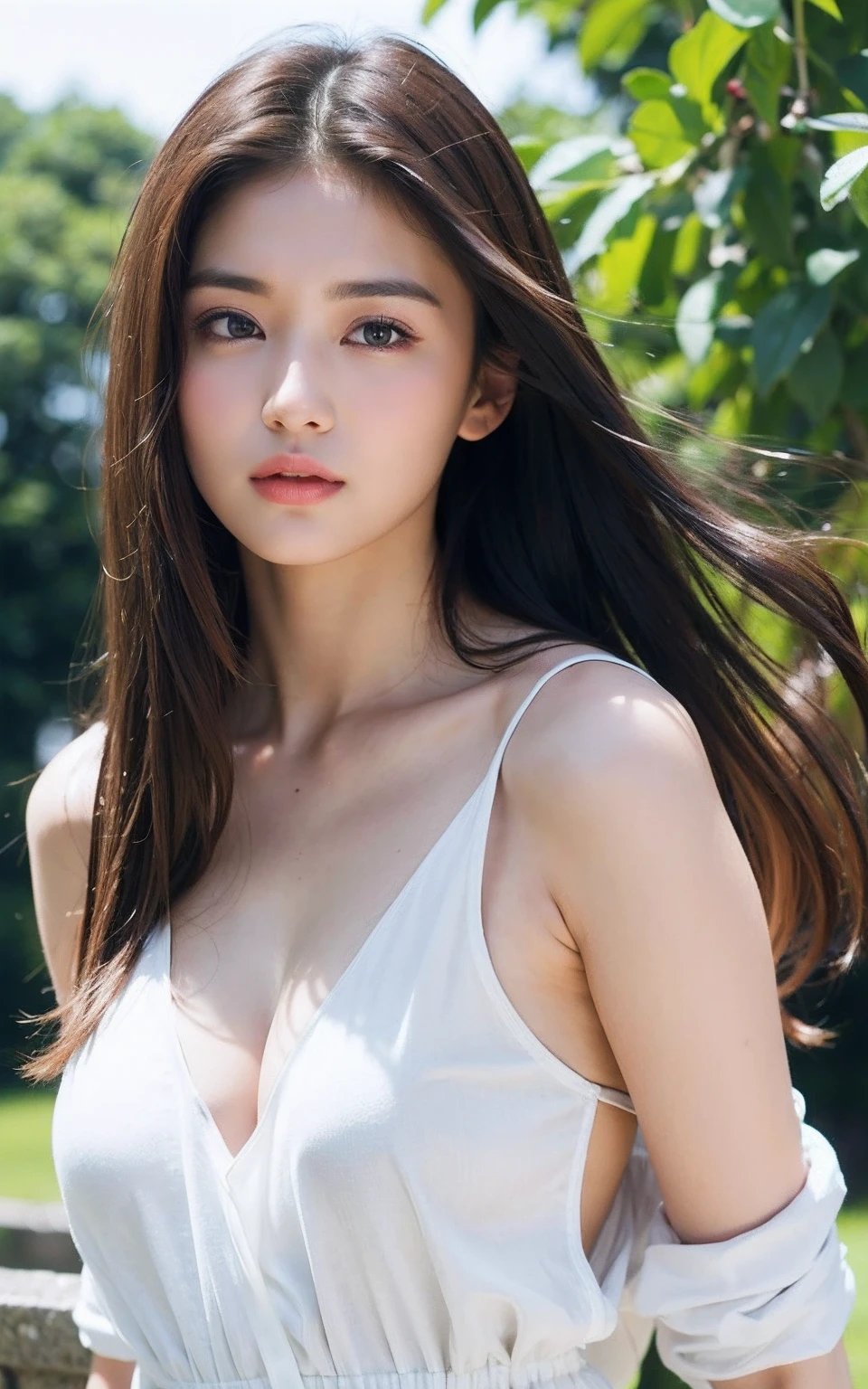 (Raw photo, Best Quality), (Realistic, Photorealsitic:1.3), masutepiece, Extremely delicate and beautiful, Soft light, (Brown hair, Shoulder-length straight hair swaying in the wind), Beautiful detailed girl, (Detailed fingers), extremely detailed eye and face, beautiful detailed nose, Beautiful detailed eyes, 1 girl, Japanese, Neat and clean beauty, Cute,  Embarrassed look、 (dress shirts),  (Half body:1.3), (medium breasts), Realistic face, Realistic body,