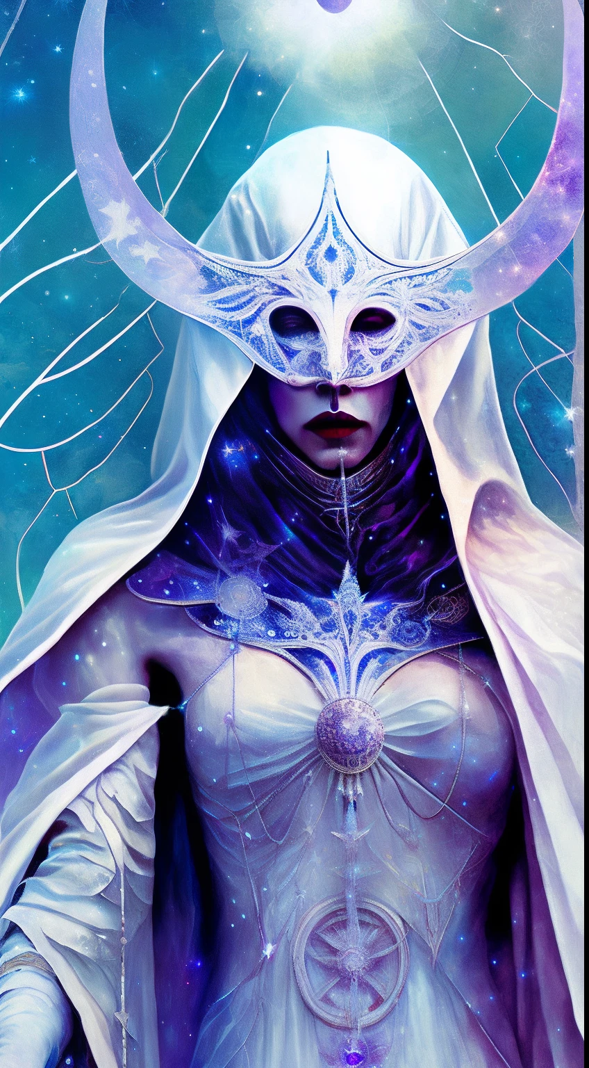 a stern Eldritch ancient god in the storm at night, draped in cloak of stars, [[Sophia Anne Caruso]], [Zendaya], translucent ivory masquerade mask of Eldritch horror, erotic pose, closed eyes, cinematic lighting, (by (Daniel Mernagh) (Carne Griffiths) Monika Nowak), highly detailed, detailed face, soft body, alien