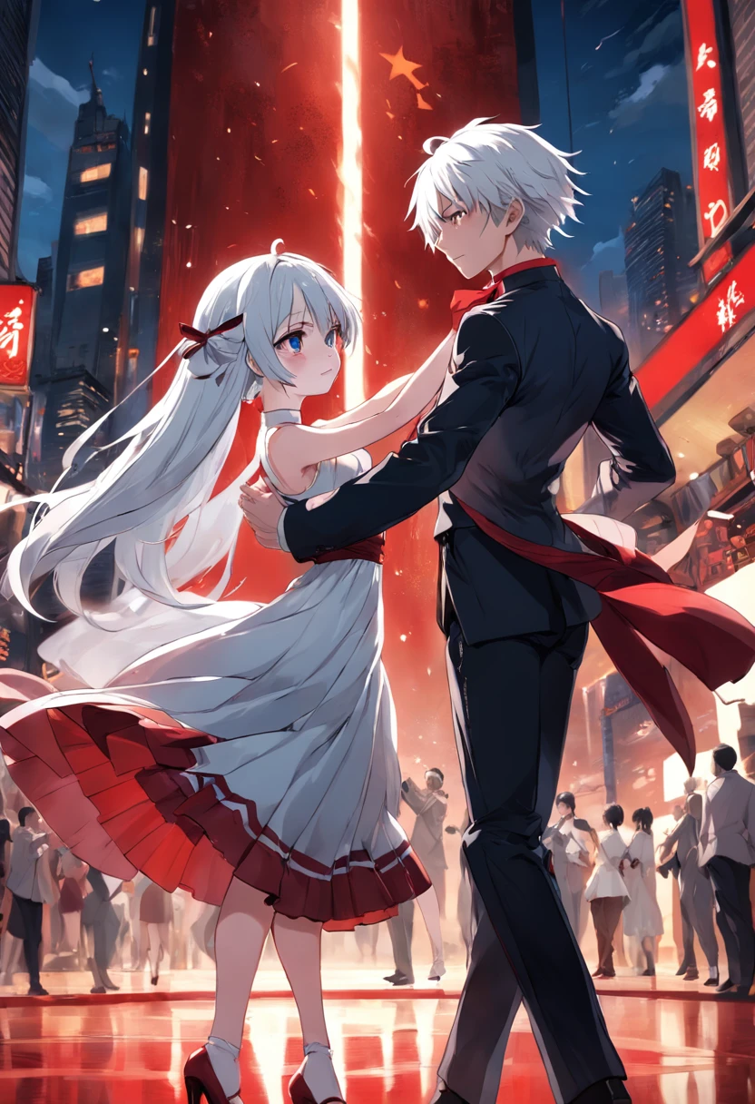 a hot boy, with black hair and red eyes dancing with a cute girl who has a white hair and blue eyes and wearing a red dress