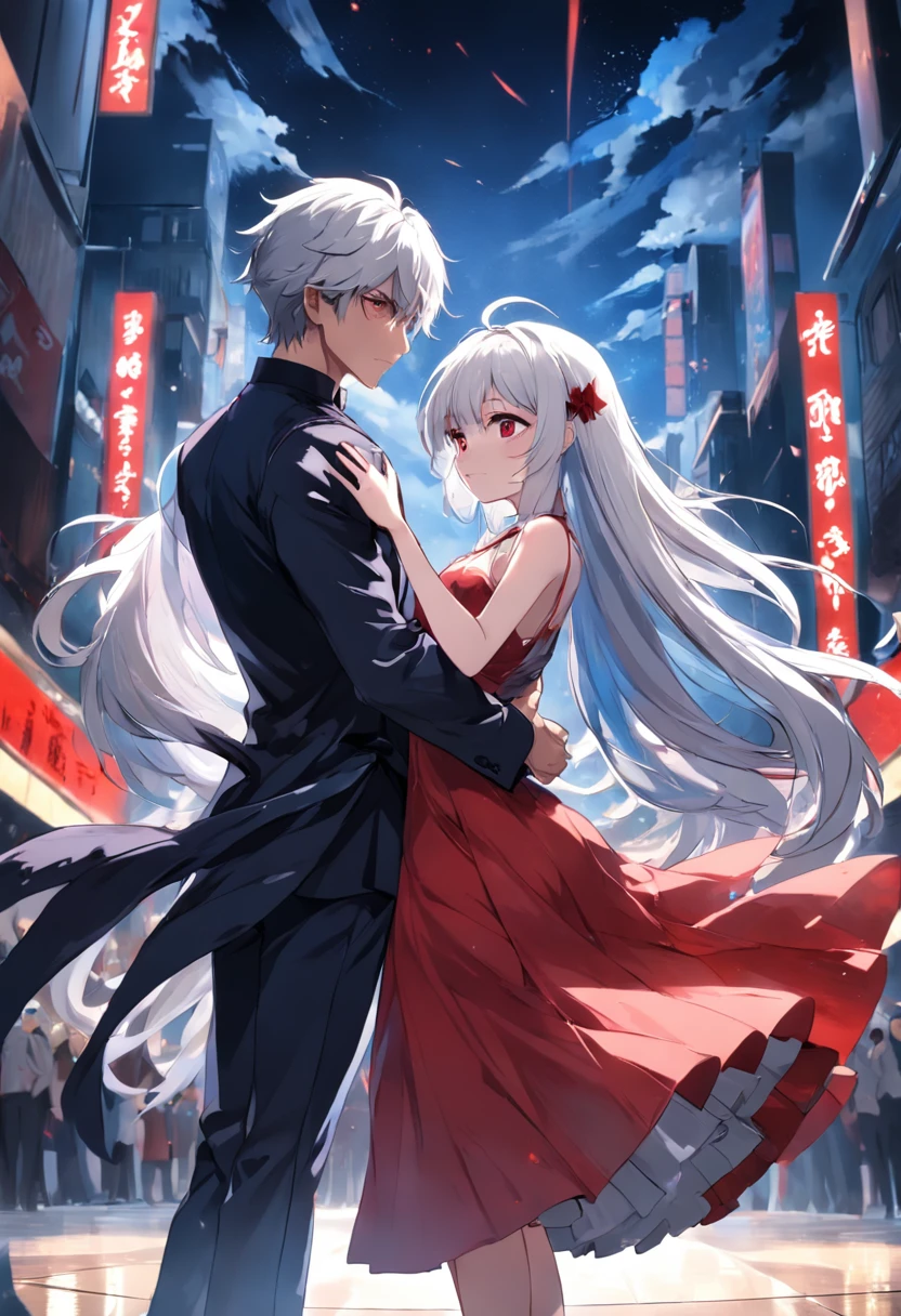a hot boy, with black hair and red eyes dancing with a cute girl who has a white hair and blue eyes and wearing a red dress