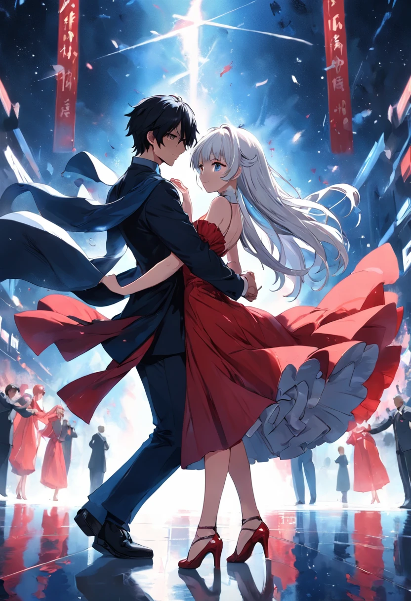 a hot boy, with black hair and red eyes dancing with a cute girl who has a white hair and blue eyes and wearing a red dress