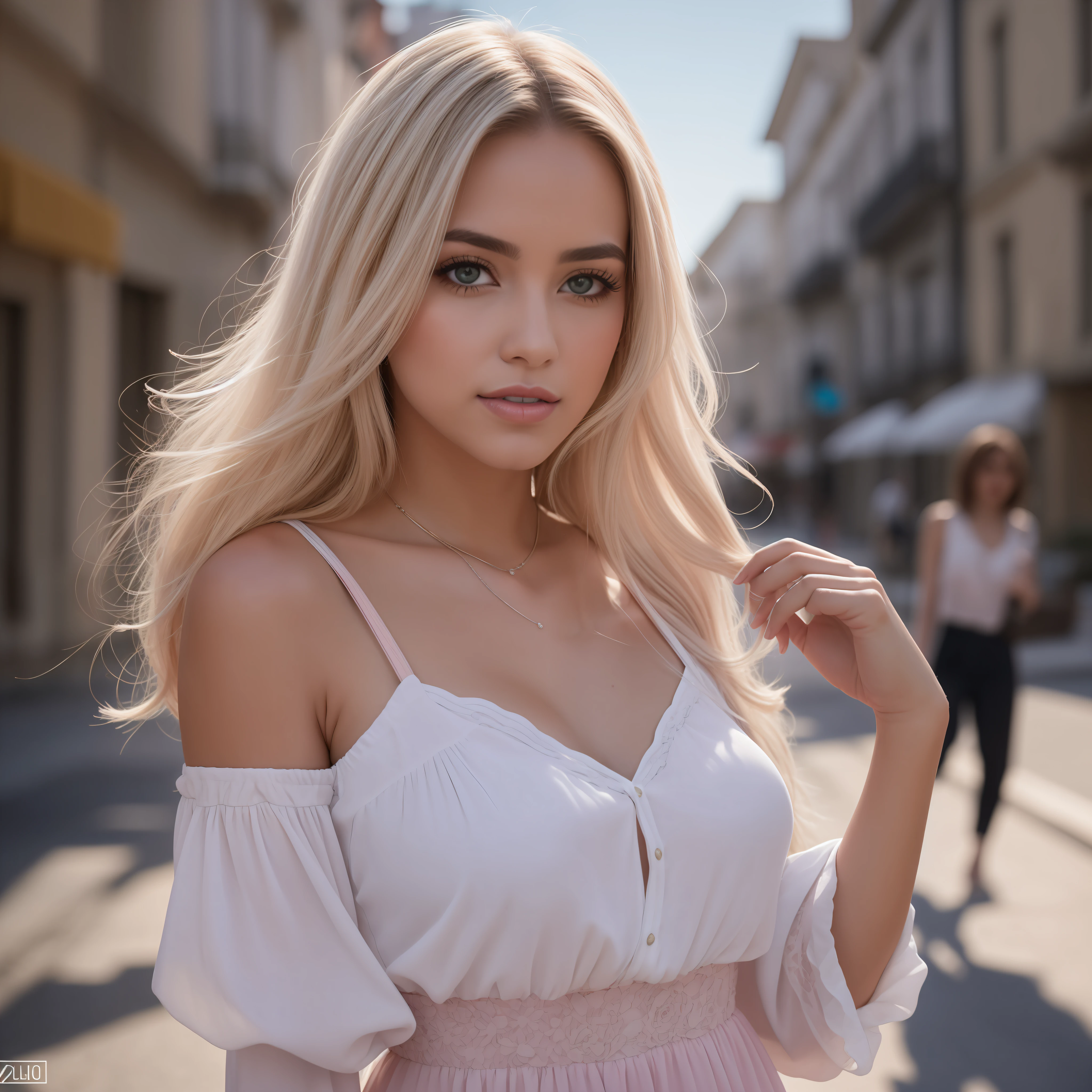 Uma mulher jovem e bonita, blonde hair that falls gently in waves up to the shoulders, altura mediana, olhos grandes e verdes, pele clara, She's in a blouse with cleavage, em uma rua movimentada, Ela sorri, mostra os dentes, there are people in the background of the image is spring the street is flowery, o sol bate de costas fazendo seus cabelos brilharem, seu semblante esta naturalmente sereno, lips with light pink lipstick, Textura 8K, altamente detalhados, realista, soft Cinematic Light, HDR, sharp fokus, obra-prima, fotorrealista, fotografia premiada, Canon EOS R5, 35 mm.