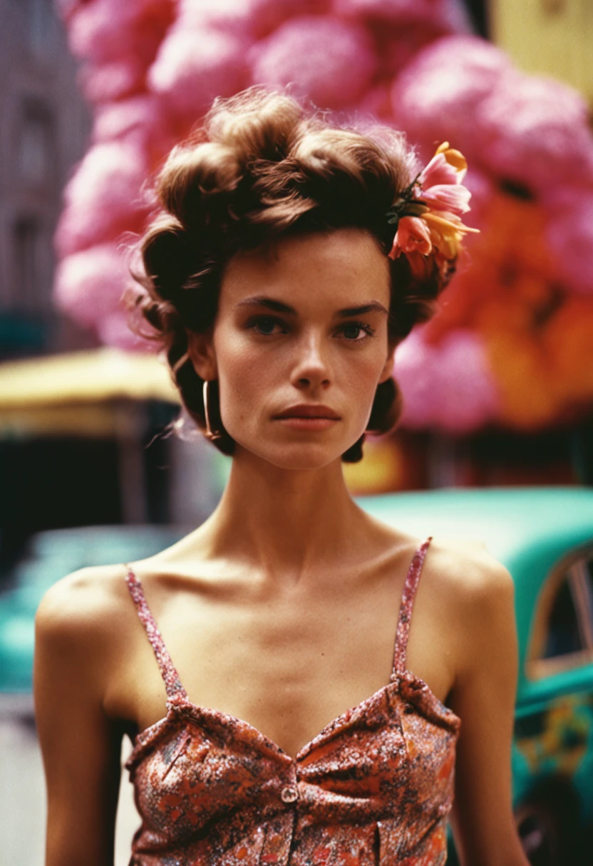 closeup fashion street style photo of a topless woman, background with flowers, shot on Lomography XPro 200, photo taken by Mario Testino