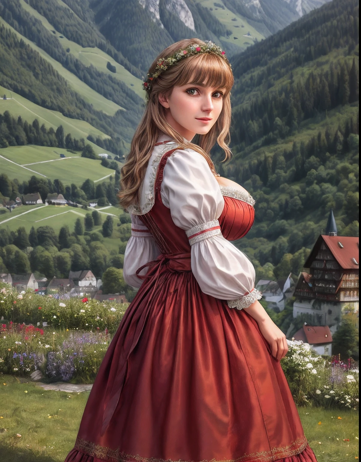 Masterpiece, absurdres, fine detail, HDR, highly detailed face and eyes, photorealistic, drindl, a woman in traditional bavarian dress poses with her hands behind her back ,german woman, wearing drindl,Close up on face,Bangs,big breast,dress lift,