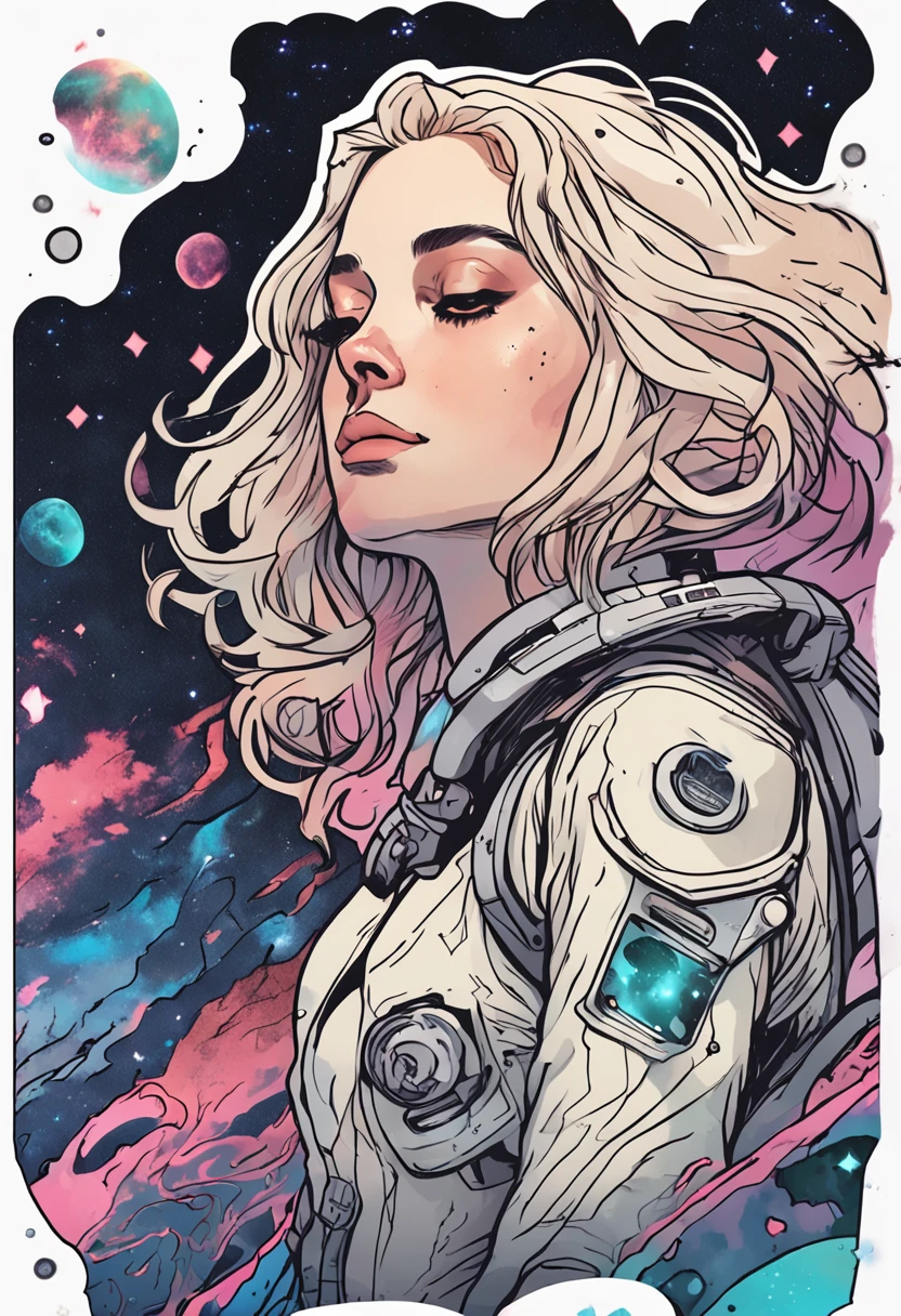 die sticker,detailed portrait of a hopeful naked pretty astronaut woman with a wavy blonde hair,nier:automata inspired,bravely default inspired,vibrant but dreary but upflifting cosmic scheme,Space nebula background,smooth,bold colours,expressionism