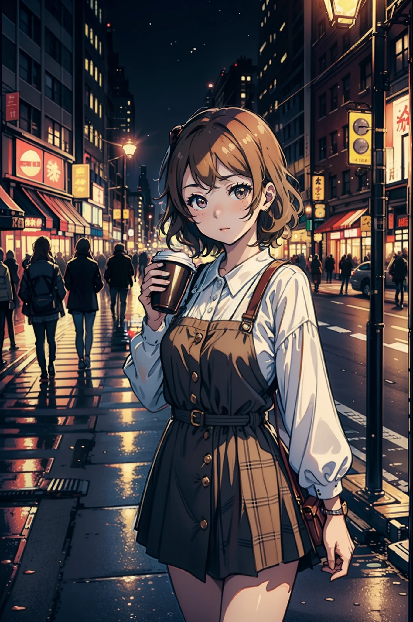 Masterpiece to the smallest detail、top-quality, 1 girl in, Watanabe You (\lovelive\)street, many high building, streetlight, night, city, taxi, drinking coffee, light, road, new york