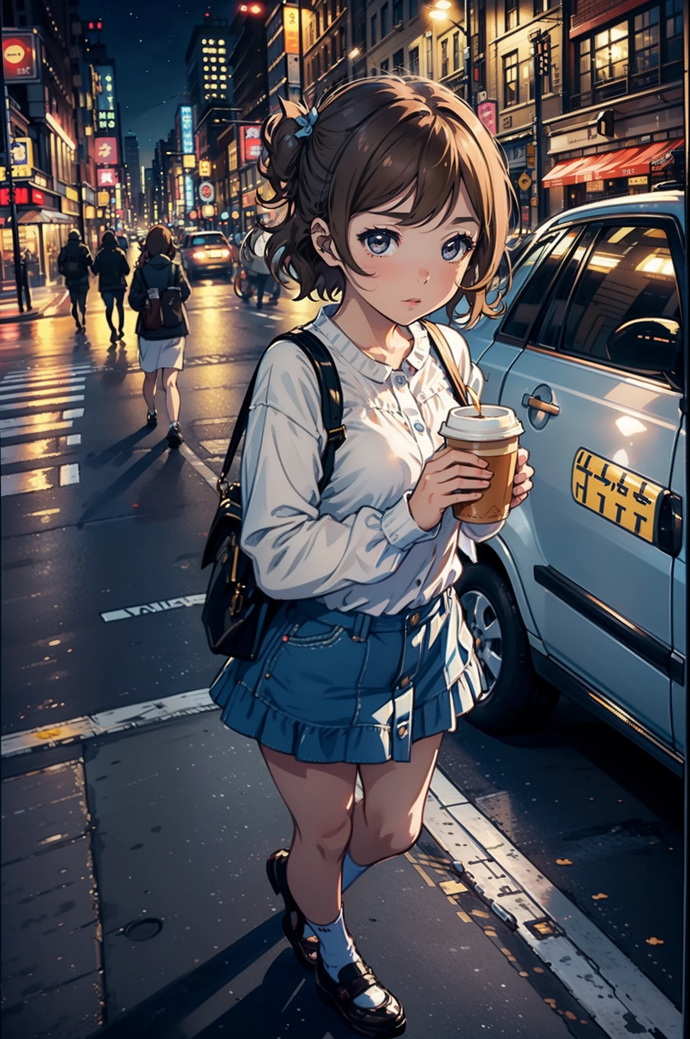 Masterpiece to the smallest detail、top-quality, 1 girl in, Watanabe You (\lovelive\)street, many high building, streetlight, night, city, taxi, drinking coffee, light, road, new york