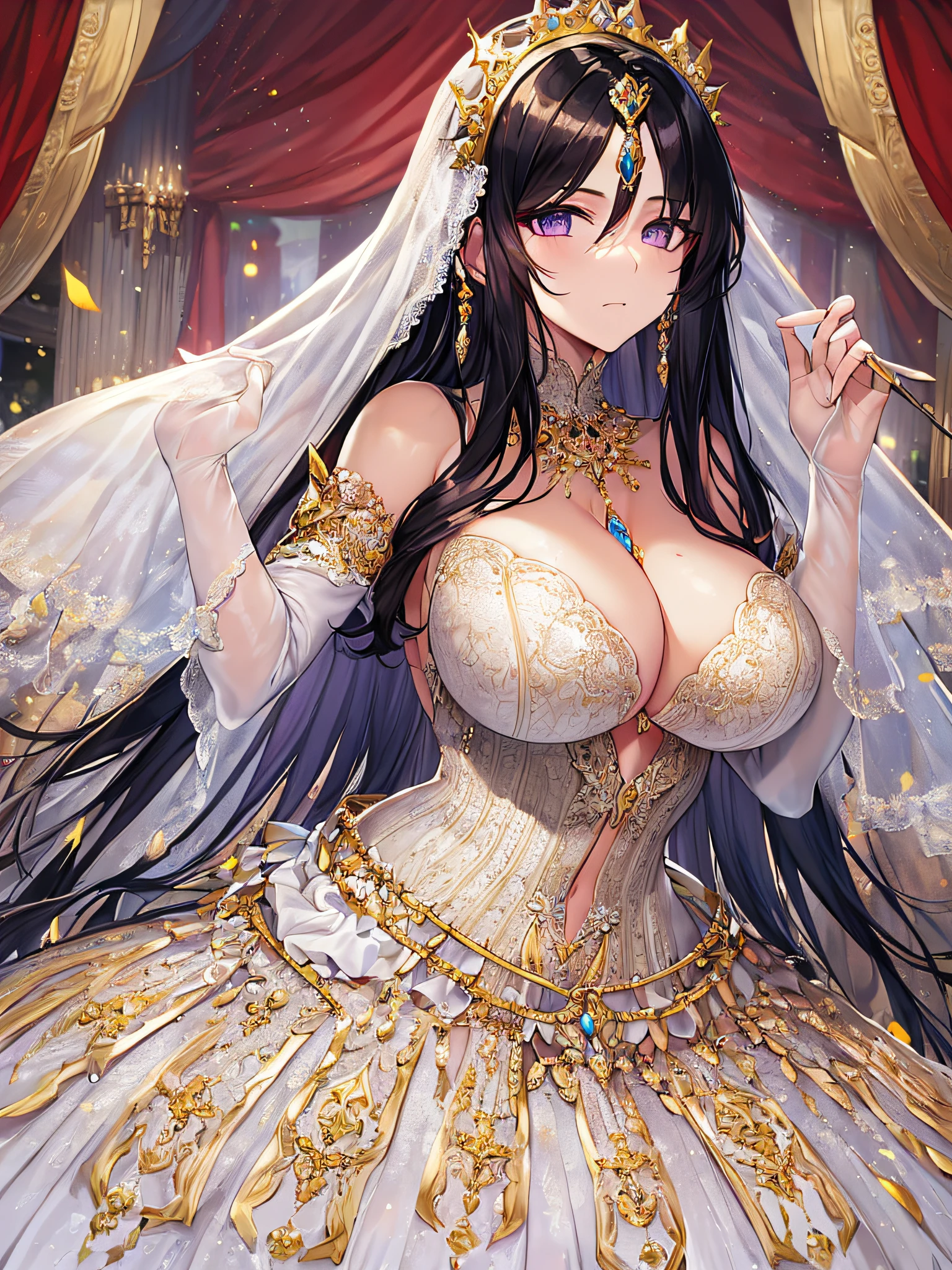 ((anime artstyle)),Masterpiece,Best Quality,Super Detail,Very Delicate and Beautiful,Solo,((full body)),((1 arrogant royal queen wearing beautiful embroidery and jeweled gorgeous stately white wedding dress with voluminous hoop skirt)),crinoline,(gigantic tits,Long tits,skindentation),jewel-like eyes,(arrogant,haughty),((arrogant smile)),Sharp eyes,Purple eyes,(Bangs between eyes,voluminous straight hair,extremely Long straight Hair),black hair,detailed face and eyes,gorgeous embroidery and lace,enormous puffed sleeves,luxury hair ornament,extremely gorgeousfull jeweled tiara,long train,bling-bling gorgeous gemstone jewelry,long wedding veil,((beautiful embroidery and jeweled gorgeous stately white wedding dress with voluminous hoop skirt))