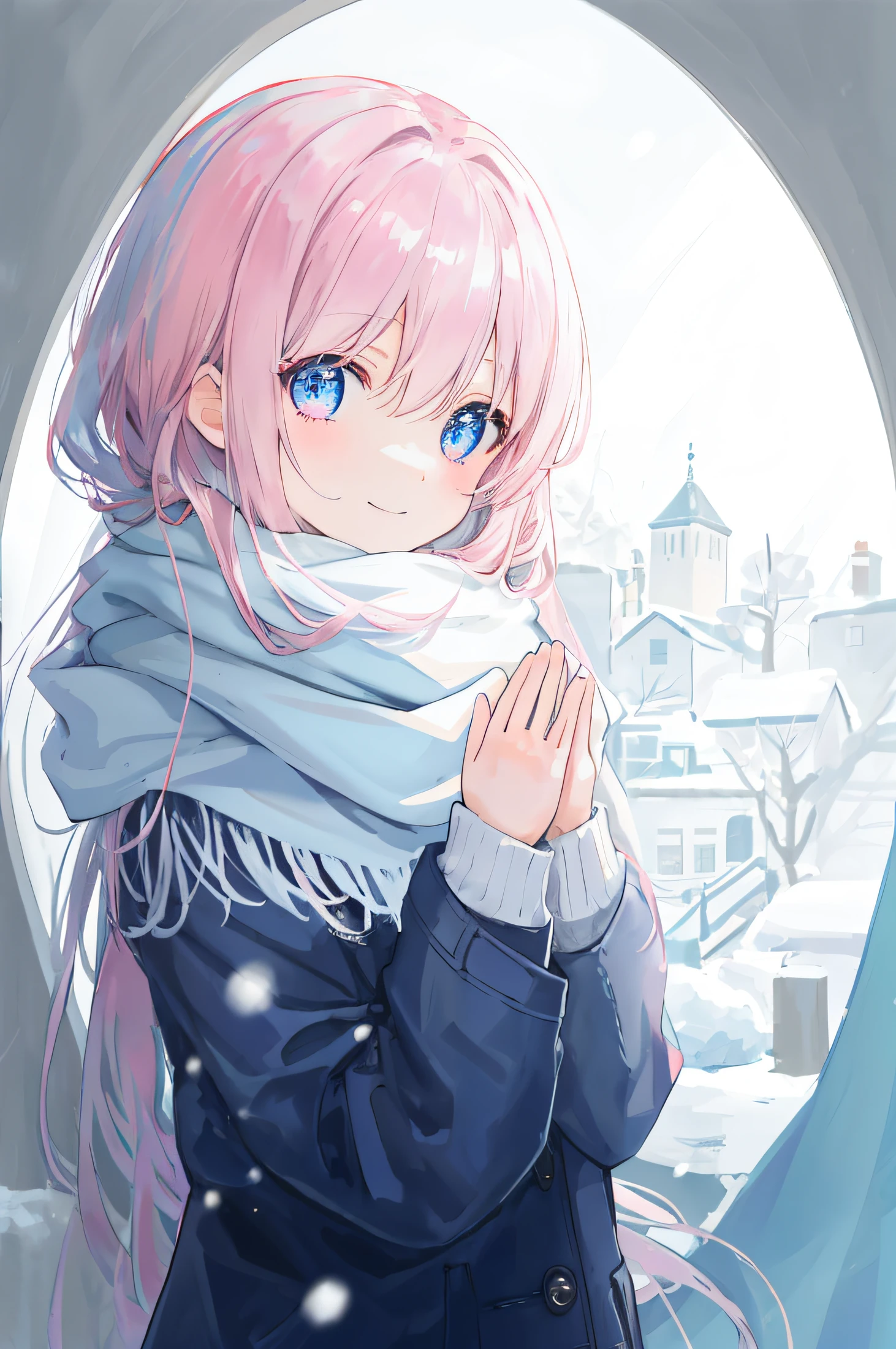 On snowy days one wears a sweater,Bring a scarf,In the cold winter anymore, the hands are crossed together,Long hair draped over the shoulders,Look ahead through your bangs,Has blue eyes and pink eye sockets,A slight smil