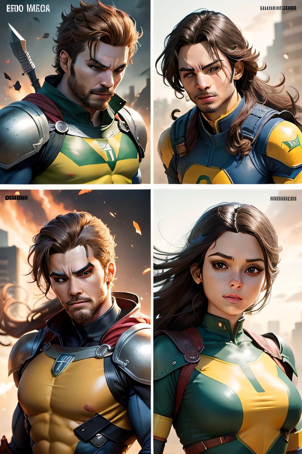 Create and invent at least 10 images of hero characters who were born in Brazil, These 10 images should be separated one by each sheet