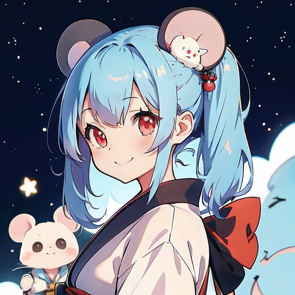Anime girl with light blue hair, (personification)、large ears that are round and white,。straight haired、Red hair ornament、Anime girl with round ears of a mouse, Anime visuals of cute girls, (Wearing an old-fashioned Japan red kimono)(Wearing a dark costume)(I have a pet rat next to me)portlate、Dark space background、(A big smile)