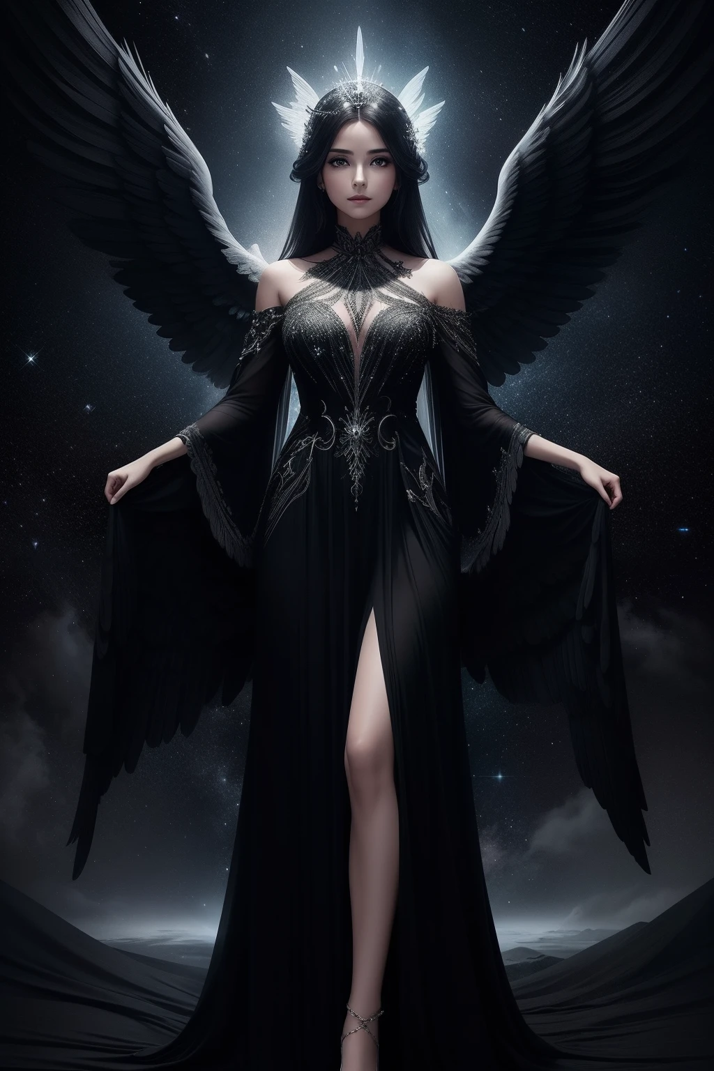a woman in a long dress made of stars in the sky, a beautiful angel with black wings, spreading her wings, ethereal wings, full - body majestic angel, wings are clouds of darkness, ethereal angelic, dreamy and ethereal and dark, black angel wings