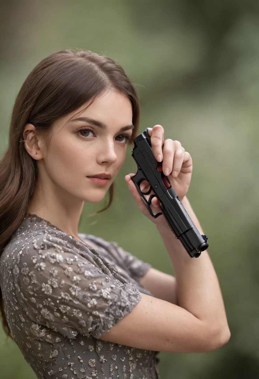 mujer sostiene una pistola