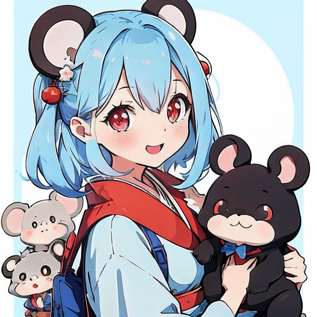 Anime girl with light blue hair, （personification）、large ears that are round and white,。straight haired、Red hair ornament、Anime girl with round ears of a mouse, Anime visuals of cute girls, （Wearing an old-fashioned Japan red kimono）（Wearing a dark costume）（I have a pet rat next to me）portlate、Dark space background、（A big smile）