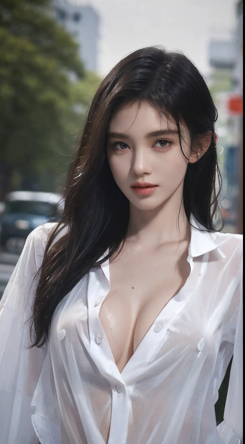 ((Best quality, 8k, Masterpiece :1.3)), Sharp focus :1.2, A pretty woman with perfect figure :1.4, Slender abs :1.2, ((Layered haircut, Big breasts :1.2)), (Wet white button up long shirt :1.1), (Rain, Street:1.2), Wet body :1.5, Highly detailed face and skin texture, Detailed eyes, Double eyelid