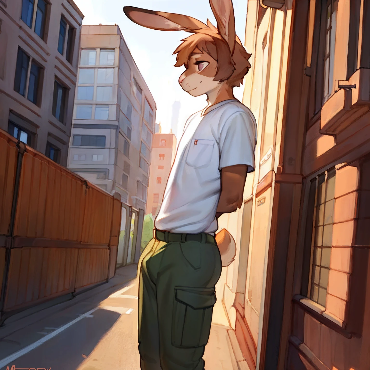 By chelodoy, by zaush, by bebebebebe, by spuydjeks, by meesh, by bigcozyorca, solo, male, slim, weak, rabbit, hare, big eyes, detailed eyes, hands behind back, standing, detailed eyes, clothed, cargo pants, work shirt