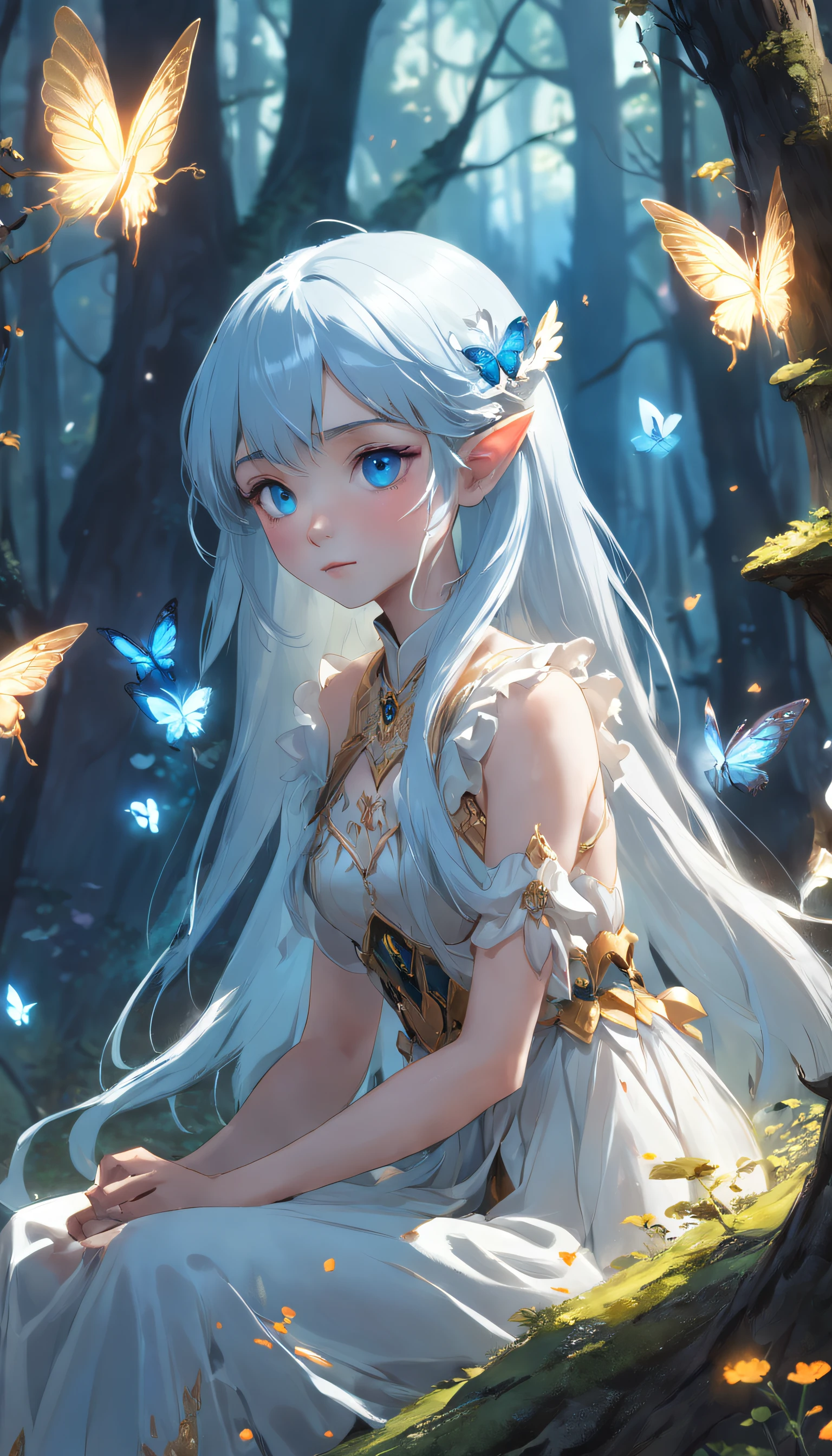 masterpiece, best quality, detailed, delicate, 8K, 1elf with white hair and blue eyes (sitting) in a (dark forest) with (mushrooms, moss, butterfly, flowers), (beautiful detailed eyes) (steal flowing dress with gold accents), [shiny flowers] [ethereal atmosphere]:1.1 [fantasy, tale] [book story style] [soft lighting] [whimsical feel]:0:8 [+cinematic shot]:1.2 [+artstation] [+ luminescent blue blue green yellow] [+soft lighting] [soft glow] [+particles] [creative and dynamic angles]:1.3, [+mineral toning] [+octane rendering] [+professional post production ] [+rendering octane] [+tones and lighting and contrast/+ghibli style/+studio style]