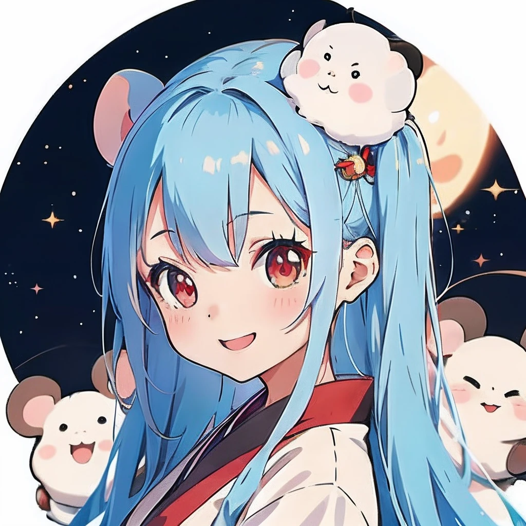 Anime girl with light blue hair, （personification）、large ears that are round and white,。straight haired、Red hair ornament、Anime girl with round ears of a mouse, Anime visuals of cute girls, （Wearing an old-fashioned Japan red kimono）（Wearing a dark costume）（I have a pet rat next to me）portlate、Dark space background、（A big smile）