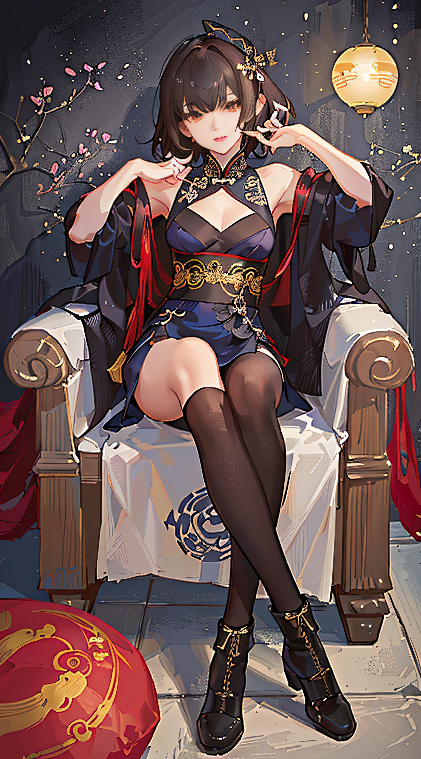 teens girl,on cheongsam,boot,full bodyesbian,(detail in face:1.2),tmasterpiece,Fashionab,Chang'an,short detailed hair,brunette color hair,red - eyed,,sitting on a dragon chair,Hold your head with one hand,obstinate and unruly,brown background,fundo vermelho,scantily clad