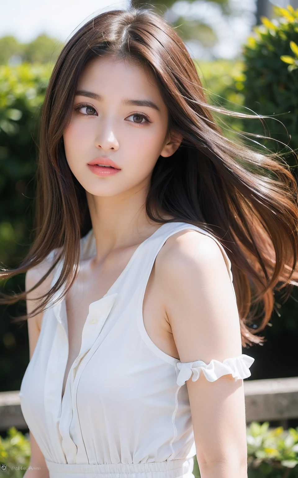 (Raw photo, Best Quality), (Realistic, Photorealsitic:1.3), masutepiece, Extremely delicate and beautiful, Soft light, (Brown hair, Shoulder-length straight hair swaying in the wind), Beautiful detailed girl, (Detailed fingers), extremely detailed eye and face, beautiful detailed nose, Beautiful detailed eyes, 1 girl, Japanese, Neat and clean beauty, Cute,  Embarrassed look、 (dress shirts),  (Half body:1.3), (medium breasts), Realistic face, Realistic body,