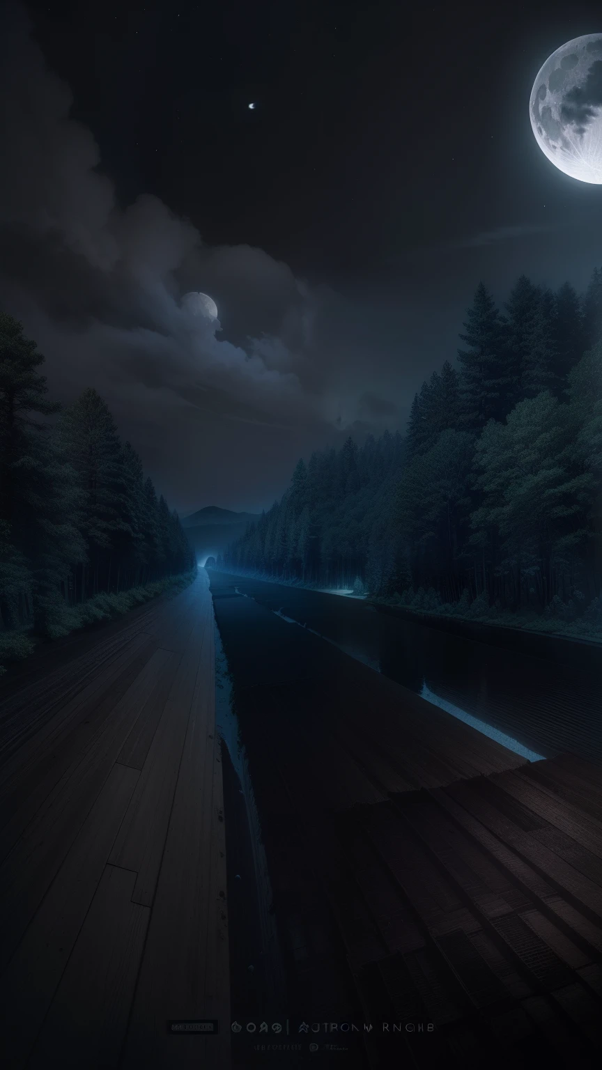 a wide isometric view of a large forest of super tall dark dead trees, in the middle a melancholy black stone castle with a moon above it, in the middle of the forest a long curved river, melancholy, night, realistic