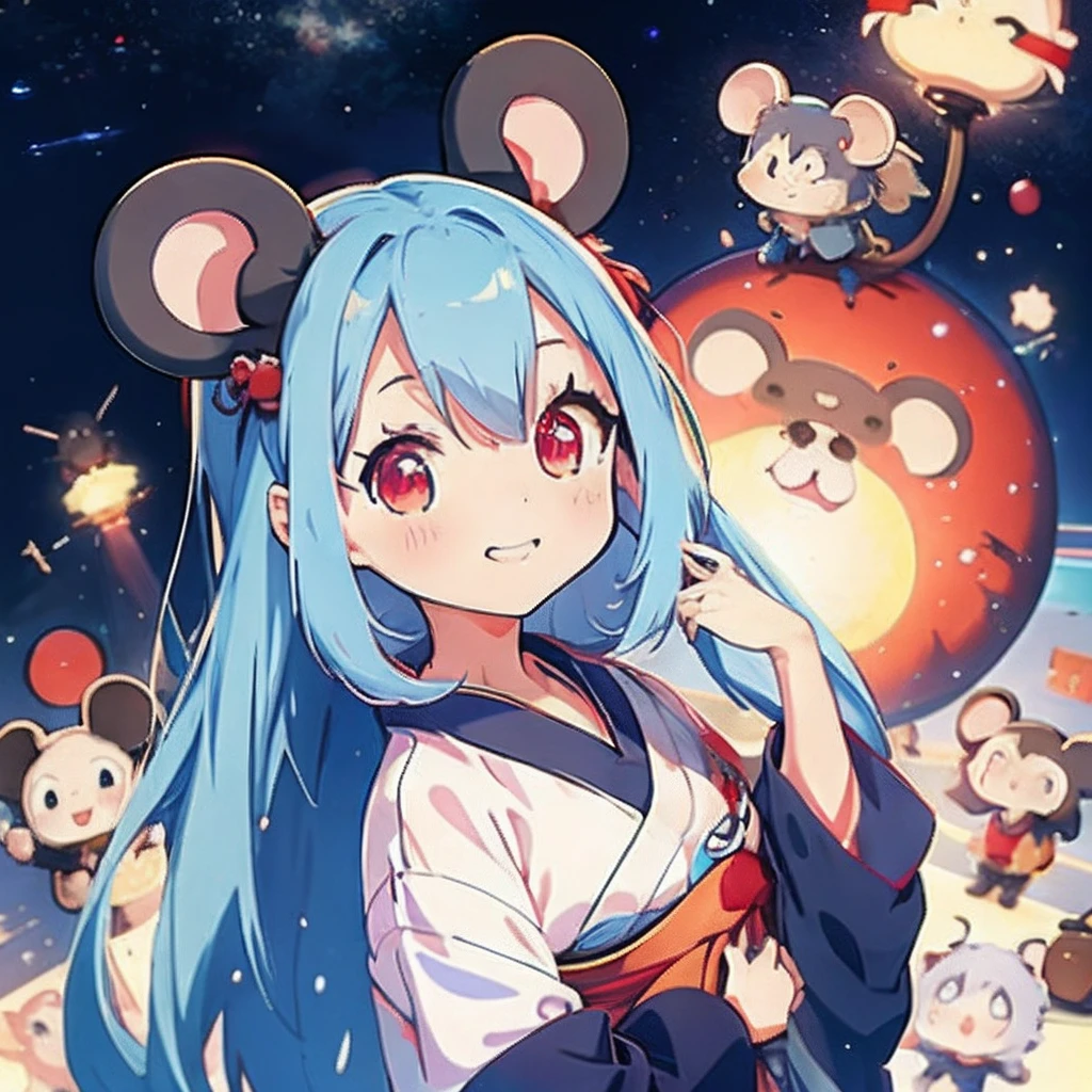 Anime girl with light blue hair, (personification)、straight haired、Red hair ornament、Anime girl with round ears of a mouse, (Wear a red kimono)(Wearing a dark costume)(I have a pet rat next to me)portlate、Outer space background、(A big smile)