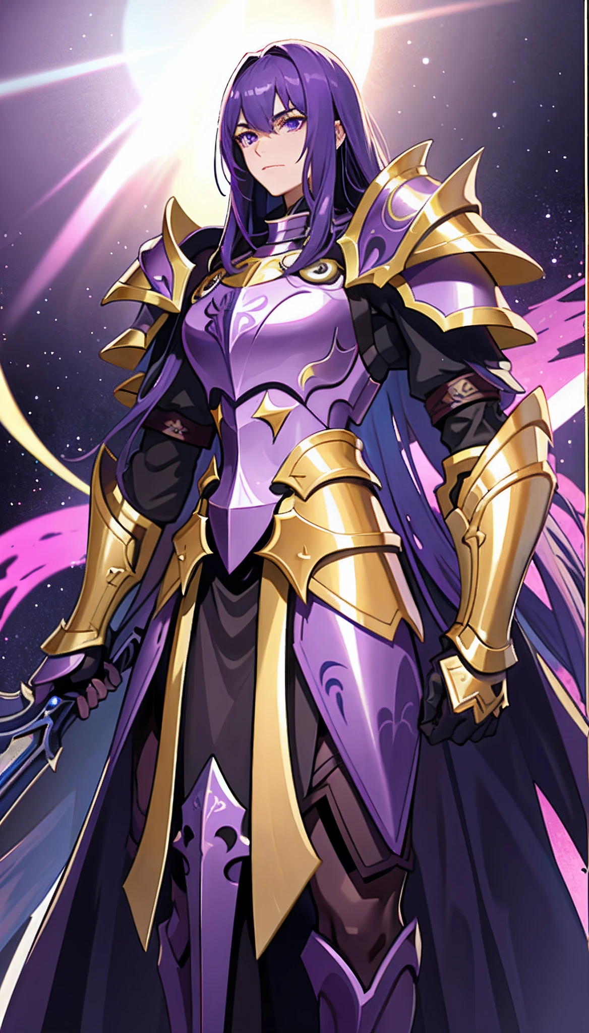 2d, (in full height), A man in a purple robe and gold armor, Holding the Sword, Purple armor, Smooth purple armor, male paladin, male paladin, in dark purple armor, Epic Paladin Armor, Paladin's Golden Armor, keqing from genshin impact, Golden Paladin, Paladin Armor, gold obsidian armor, grimdark paladin, Sleek gold armor