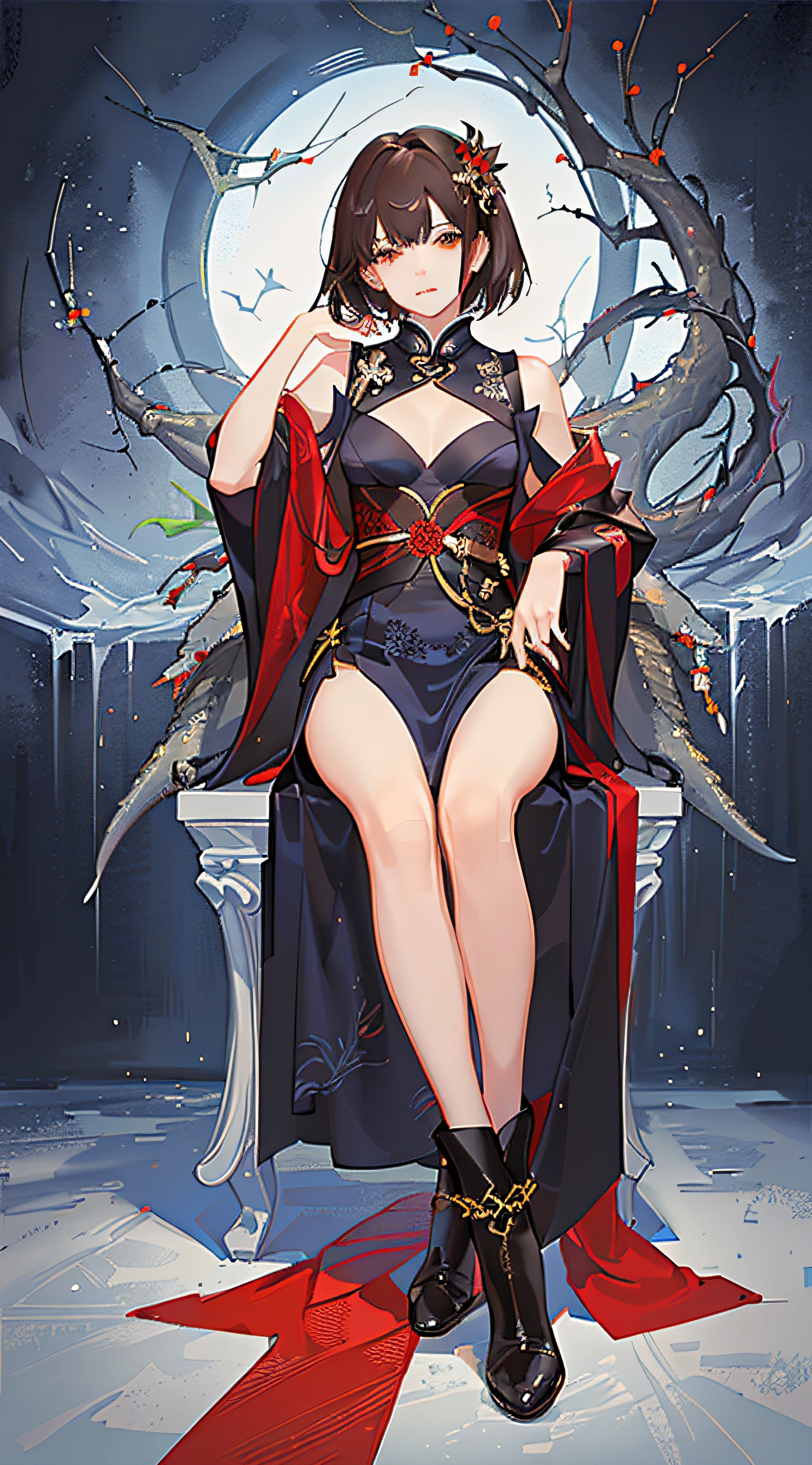 ((masterpiece)), ((Top image quality)), ((Hi-Res)), ((Ultra detailed CG unified 8k wallpaper)),(Wide Landscape Photography), 独奏, Fulll body Shot,(Bloody background)、silver castle、borgar、细致背景、Woman in white robe, Seductive Anime Girl, perfect gray hair girl, ((best ratio four finger and one thumb))、(King's Chair)、Luxurious armrests、Delicate bloody throne、Delicate black throne、Bloody、Bloody、Giant Throne,white haired god, troll、(doyagao:1.5),Smirk,(grin),(full body Esbian),(Colossal tits、Long breasts)、legs crossed, (Bat Wings), (bright skin)、White-haired,erotick 、Big Red Moon、 beautiful alluring anime woman, White interior、Dominant atmosphere、 ((extremely delicate and beautiful))