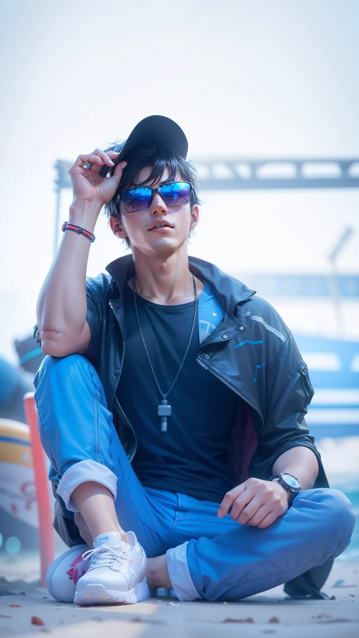 Change background in beach , cyberpunk handsome boy, realistic cute baby face, normal Realistic face