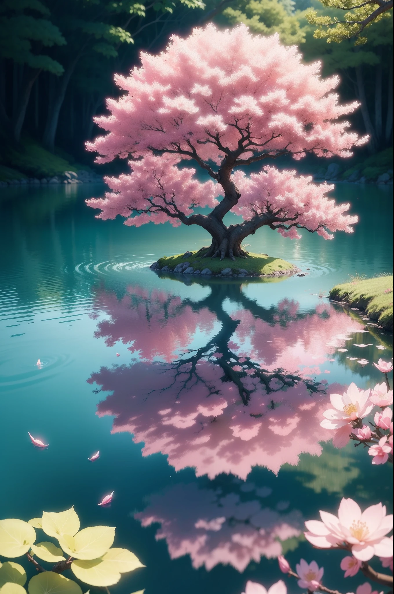 A tree with pink flowers is reflected in the water, fantasy tree, pink bonsai tree, Cerejeira em flor, magic tree, estilo zen rosa, cherry-blossom-tree, 8k arte detalhada de alta qualidade, bela arte digital, Beeple e James Jean, Arte digital altamente detalhada em 4k, arte digital estilizada, arte do bipe, arte digital muito bonita, fundo claro