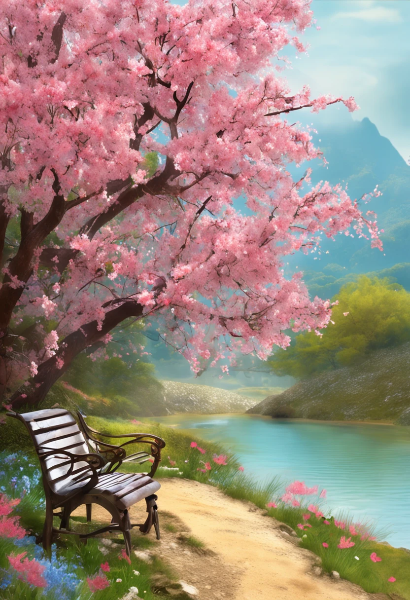 Describe a charming scene of a spring grove with cherry trees in full bloom, painting the scenery with its beautiful pink color. Ao redor do bosque, um extenso campo florido irradia alegria, com uma mistura de rosas brancas, amarelas e azuis, destacando-se no mar de cores vibrantes.
In the heart of the forest, there is a serene lake, circundado por pedras que emolduram suas margens. Uma cascata graciosa desce suavemente pelo lago, creating a pleasant sound of moving water. The crystal clear waters of the lake reflect the blue spring sky and the cherry trees in their splendor.
Exploring this enchanted scenery, Butterflies of varying colors and different sizes dance in the air, adding a dose of magic to the landscape. Its delicate wings capture the sunlight and provide a mesmerizing spectacle of movement and color in the serene environment of the forest.
Use este prompt para orientar a imagem de acordo com seus desejos. The more details you provide to the model, Quanto mais perto ele estiver de criar a imagem ideal de seu bosque dos sonhos. Enjoy the creation of its lush and charming spring environment! com uma mulher de 40 anos linda cabelos longos preto