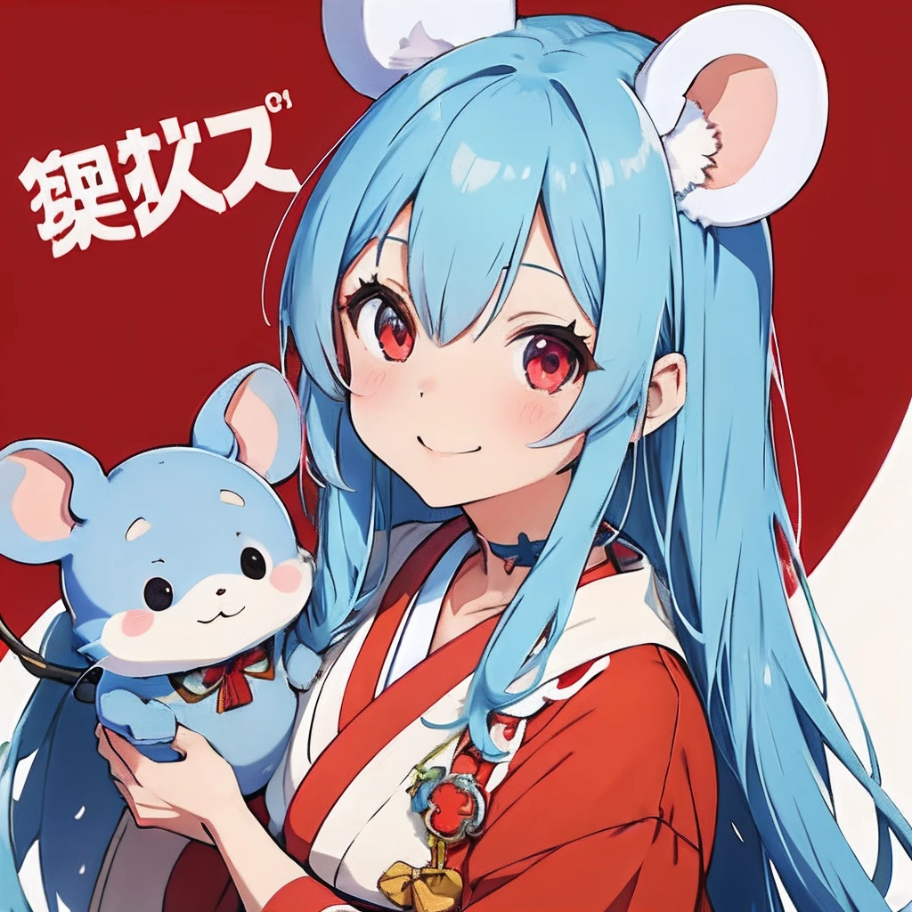 Anime girl with light blue hair, (personification)、large ears that are round and white,,。straight haired、Red hair ornament、Anime girl with round ears of a mouse, Anime visuals of cute girls, (Wearing an old-fashioned Japan red kimono)(Wearing a dark costume)(I have a pet rat next to me)portlate、Dark space background、(A big smile)