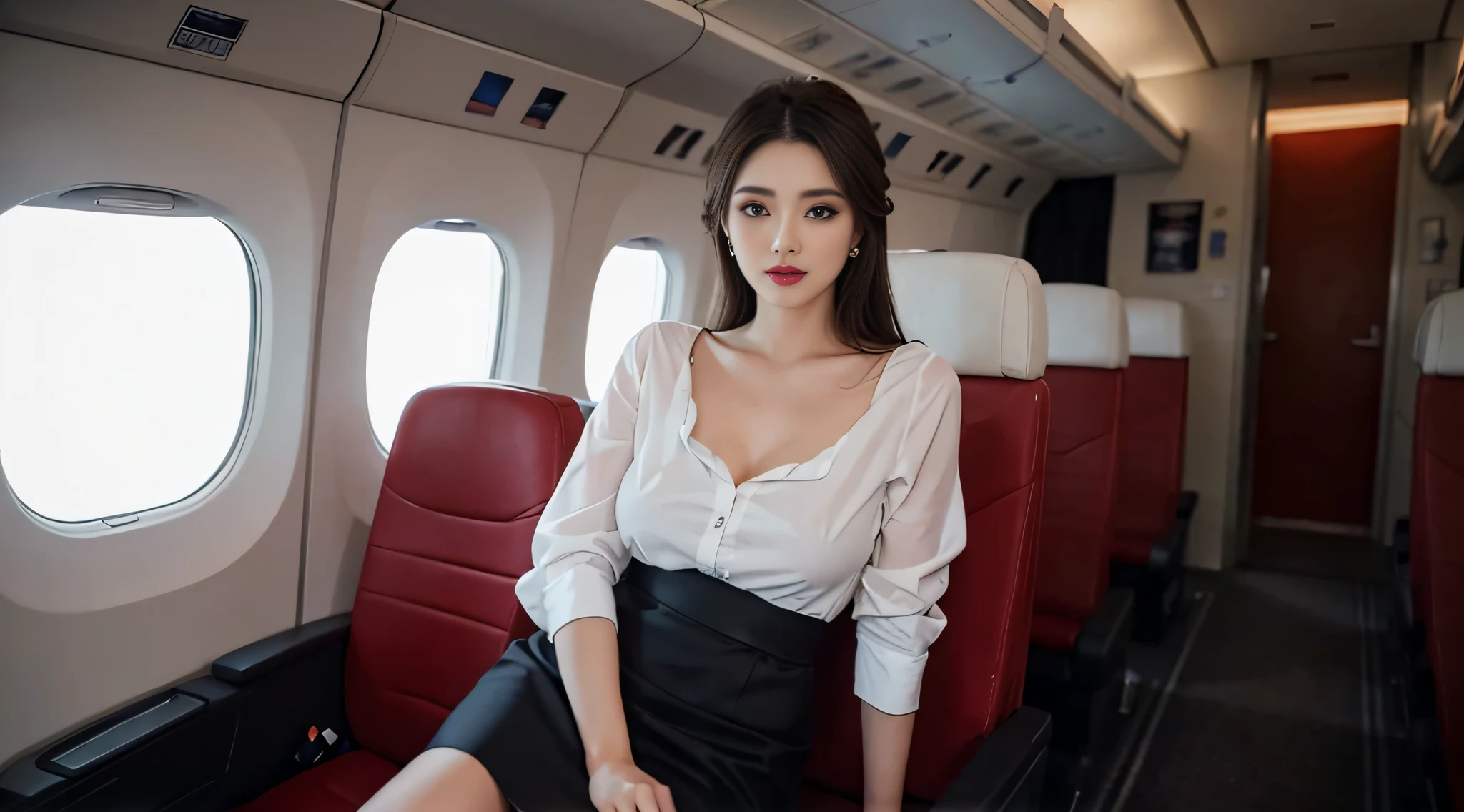 best quality, masterpiece, 8k, ultra high res, (photorealistic:1.4), highly detailed, intricate detail, delicate and beautiful, good lighting, professional lighting, sharp focus, detailed shadows, exquisite details and textures, depth of field, unity 8k wallpaper, cinematic composition, cinematic lighting, official art, Cabin Crew, flight attendant, black pantyhose, (aircraft, (Aircraft Corridor), Aircraft seats) beautiful elegant face, detailed face, detailed eyes, realistic hair, long hair, (1girl), (standing:1.3),