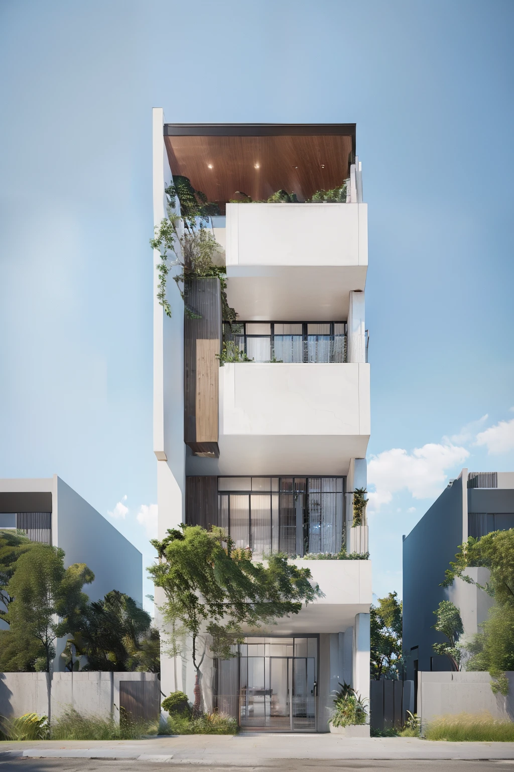 rendering of a modern residential townhouse, professional render, wide angle exterior 2023, highly detailed render, high quality rendering, realistic render, architectural render, high-quality render, detailed rendering, hyper-realistic render, hyper - realistic render, very realistic 3 d render, high render, realistic rendering, very realistic render, peole doing walk, facede is brick and wood