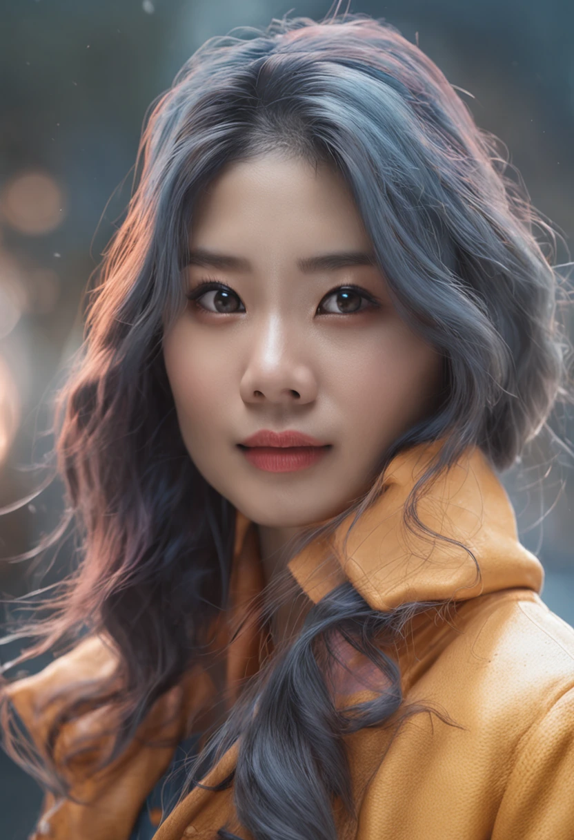 Realistic and beautiful Asian woman in her 20s, blue-gray hair, under the eyes, big eyes, big nose