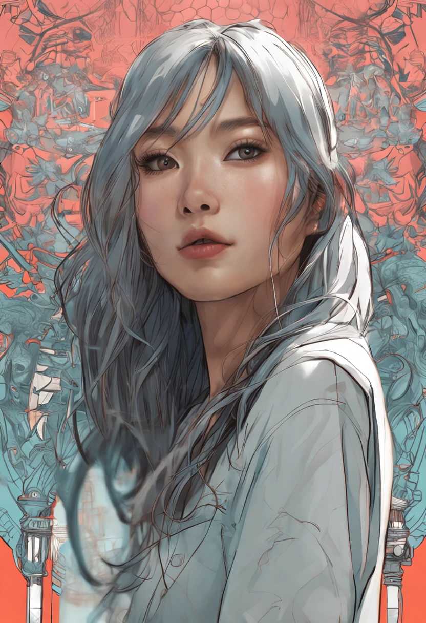 Realistic and beautiful Asian woman in her 20s, blue-gray hair, under the eyes, big eyes, big nose