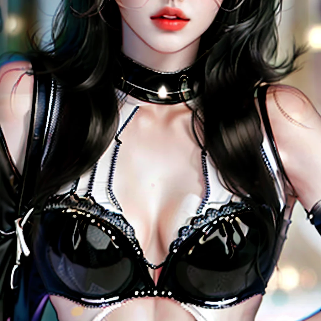 1 woman wears a white bra and a black miniskirt, Perfect body, Realistic small breasts, Open legs, Long black hair, Black beautiful eyes