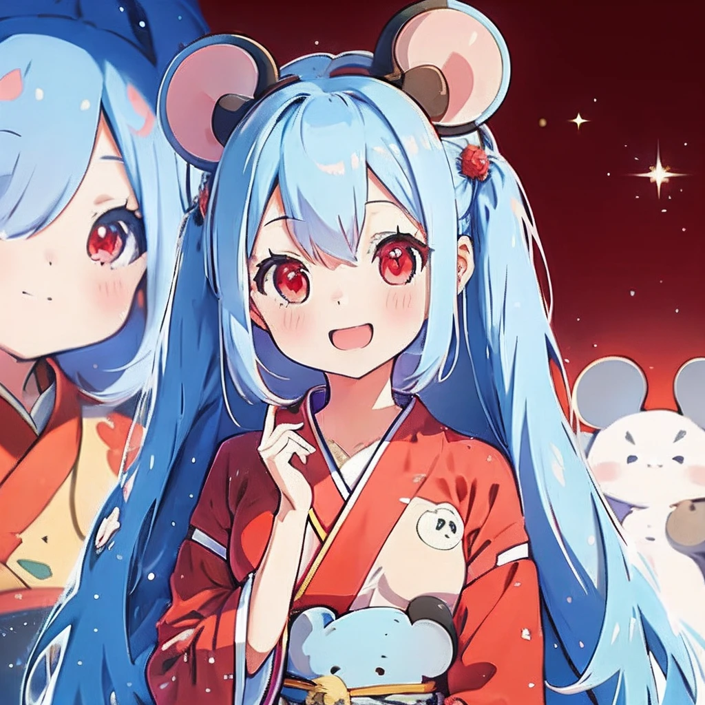 Anime girl with light blue hair, (personification)、straight haired、Red hair ornament、Anime girl with round ears of a mouse, (Wear a red kimono)(Wearing a dark costume)(I have a pet rat next to me)portlate、Outer space background、(A big smile)
