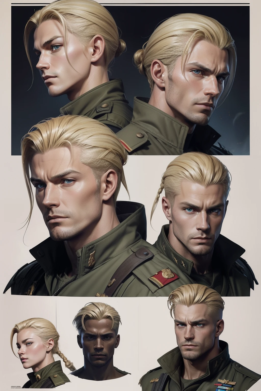 Personnage nom de code KRAIZON, American soldier, (((feuille de personnage))) (Multiple Views Upper Body Reference Sheet:1),, Croquis complet du corps avec expression souriante, High-angle sketch with serious expression ,, Latent,, Realistic Super Soldier, looking at the camera, White man with face in the center of the screen, Cheveux blonds de style Guile-style du jeu Street Fighter, Background to the ongoing war scene, Soldiers running with machine guns in their hands, explosions dans le ciel, just the character's face in the left corner of the screen, Perfect realistic graphic novel design, {{{Realistic digital illustration}}}, Film de style peloton, Contraste vif, Soldats de fond et explosions, anatomie parfaite, centered, dynamique, highly detailed, Affiche du film, zbrush, mise au point nette, {{{realistic illustration}}} David Finch Style, Dessin par Alphonse Mucha, par Peter Mohrbacher, par WLOP, 2000s