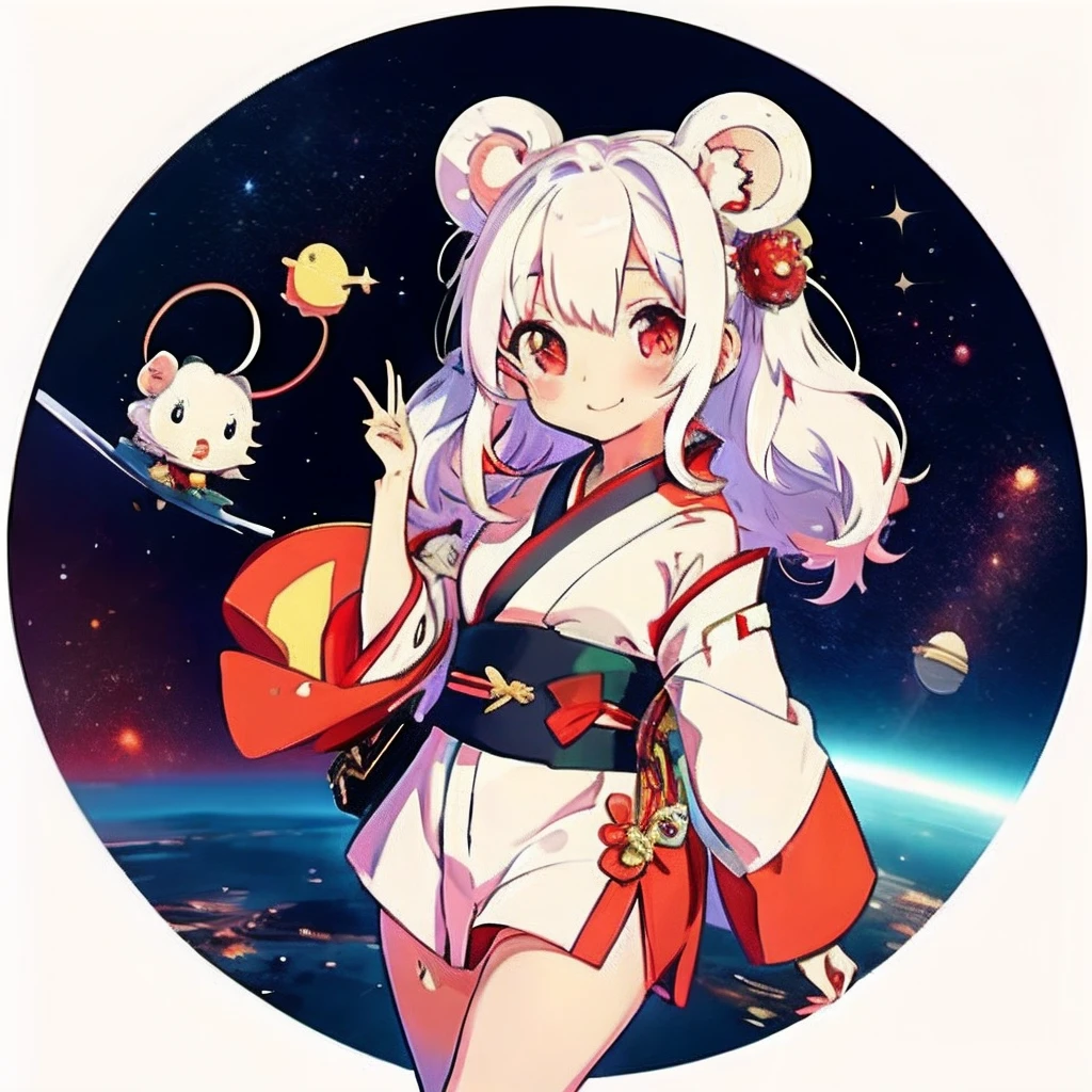 Anime girl with white hair, （personification）、straight haired、Red hair ornament、Anime girl with big round ears, （Wear a red kimono）（I have a pet rat next to me）portlate、Outer space background、（A big smile）