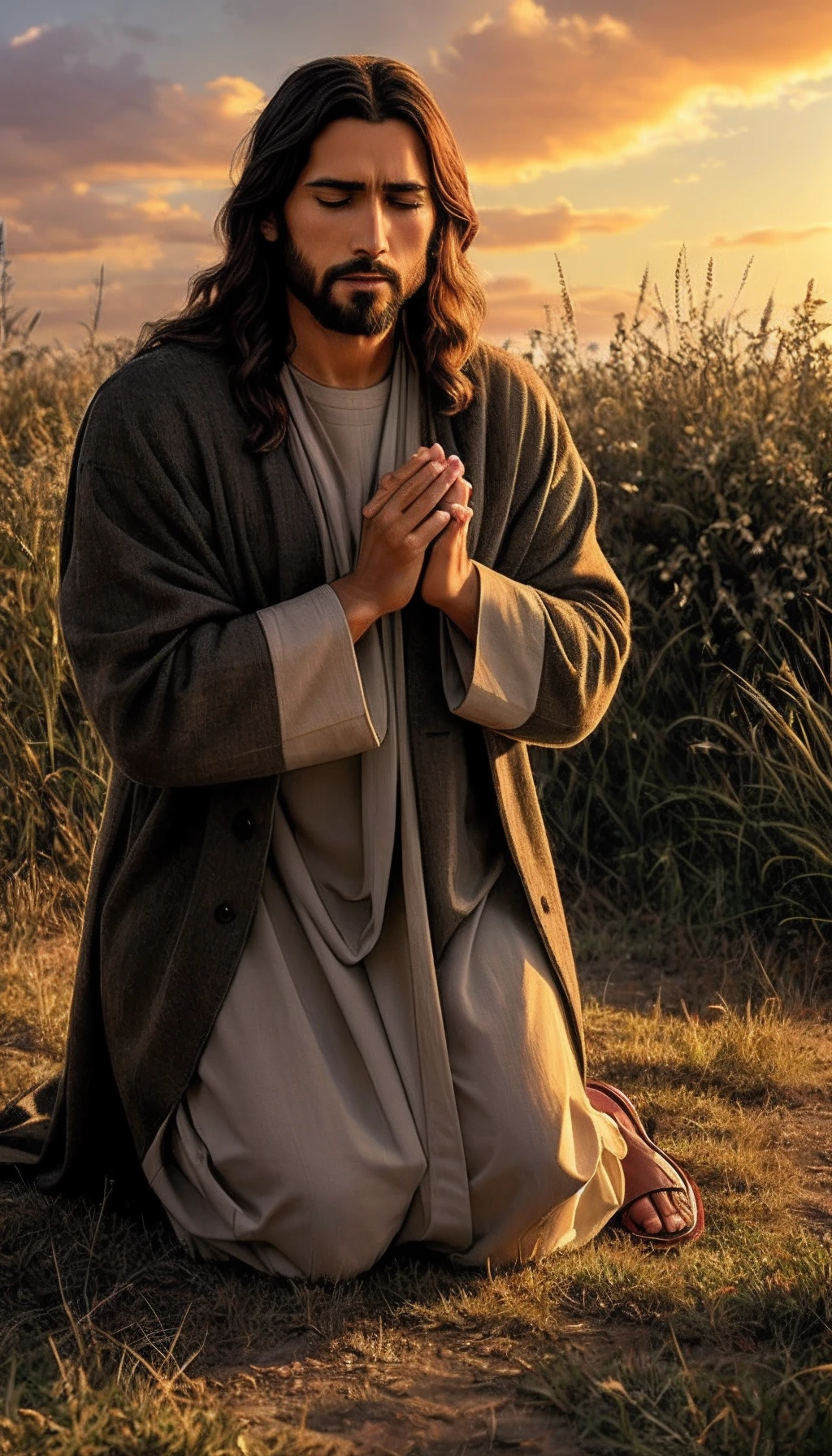 Jesus sitting on the grass with his hands folded in prayer, Jesus Cristo, he is greeting you warmly, kneeling in prayer, Vestido como Jesus Cristo, jesus of nazareth, O Senhor e Salvador, Jesus, Jovem Deus Todo-Poderoso, Retrato de Jesus Cristo, bela cena, hugging his knees, doing a prayer, praying posture, Rezando ao Sol