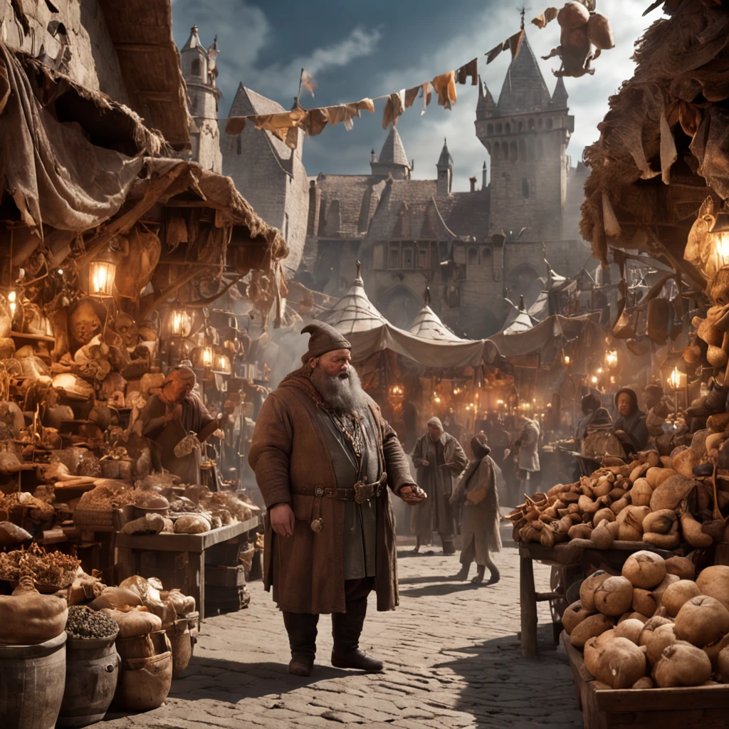 Background: A bustling marketplace in a magical city, where creatures of various shapes and sizes barter for mystical artifacts.
Characters: A mischievous, quick-fingered thief (Kieran) with a mysterious air, stealing a powerful amulet from a vendor's stall.{realistic}