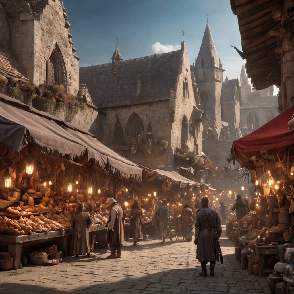 Background: A bustling marketplace in a magical city, where creatures of various shapes and sizes barter for mystical artifacts.

Characters: A mischievous, quick-fingered thief (Kieran) with a mysterious air, stealing a powerful amulet from a vendor's stall.{realistic}