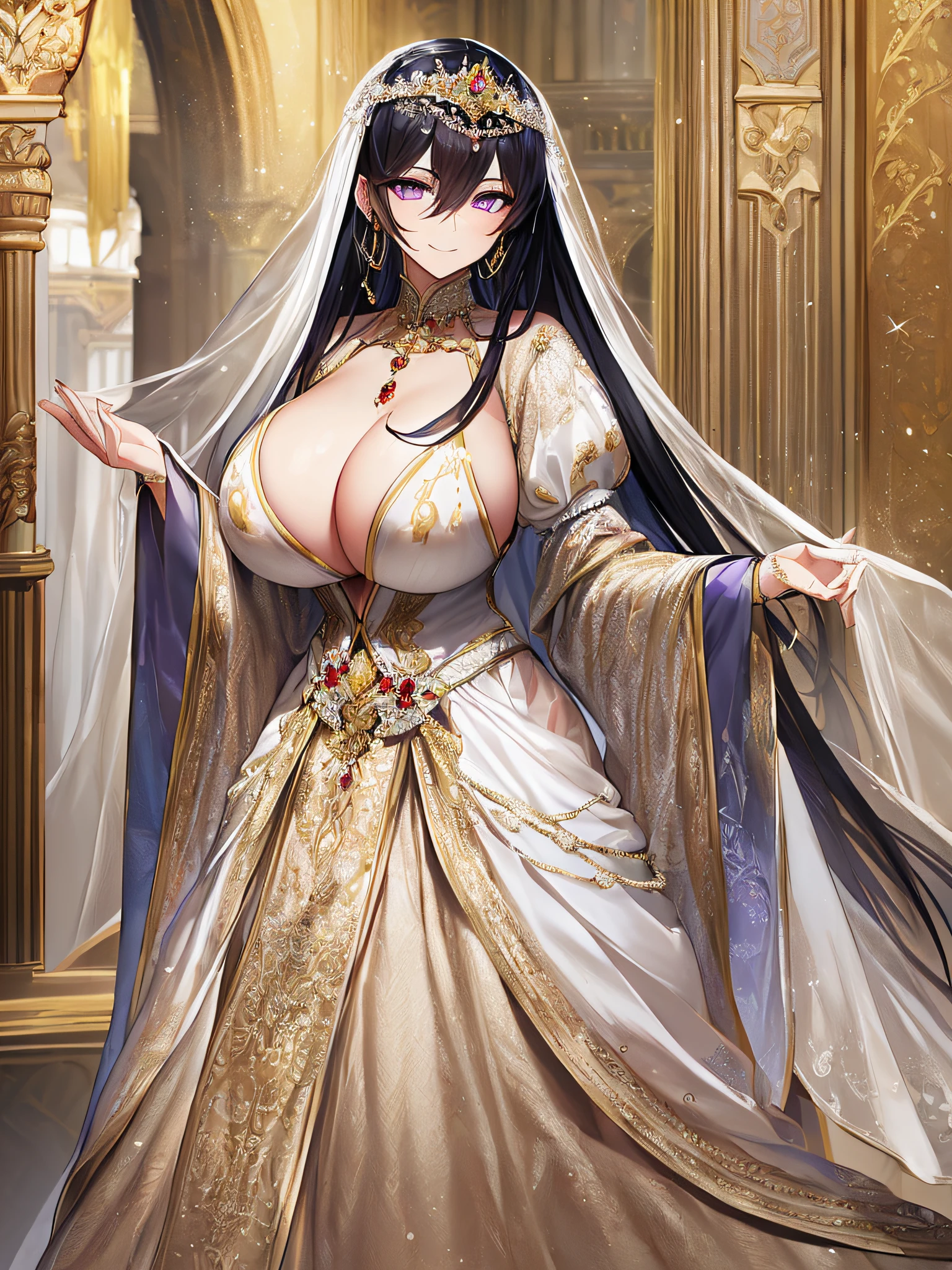 ((anime artstyle)),Masterpiece,Best Quality,Super Detail,Very Delicate and Beautiful,Solo,((full body)),((1 arrogant royal queen wearing beautiful embroidery and jeweled gorgeous stately white wedding dress with voluminous hoop skirt)),crinoline,(gigantic tits,Long tits,skindentation),jewel-like eyes,(arrogant,haughty),((haughty smile)),Sharp eyes,Purple eyes,dominant pose,((Bangs between eyes,voluminous straight hair,extremely Long straight Hair)),black hair,gorgeous embroidery and lace,enormous puffed sleeves,luxury hair ornament,extremely gorgeousfull jeweled tiara,long train,bling-bling gorgeous gemstone jewelry,long wedding veil,detailed face and eyes,full body,((beautiful embroidery and jeweled gorgeous stately white wedding dress with voluminous hoop skirt))