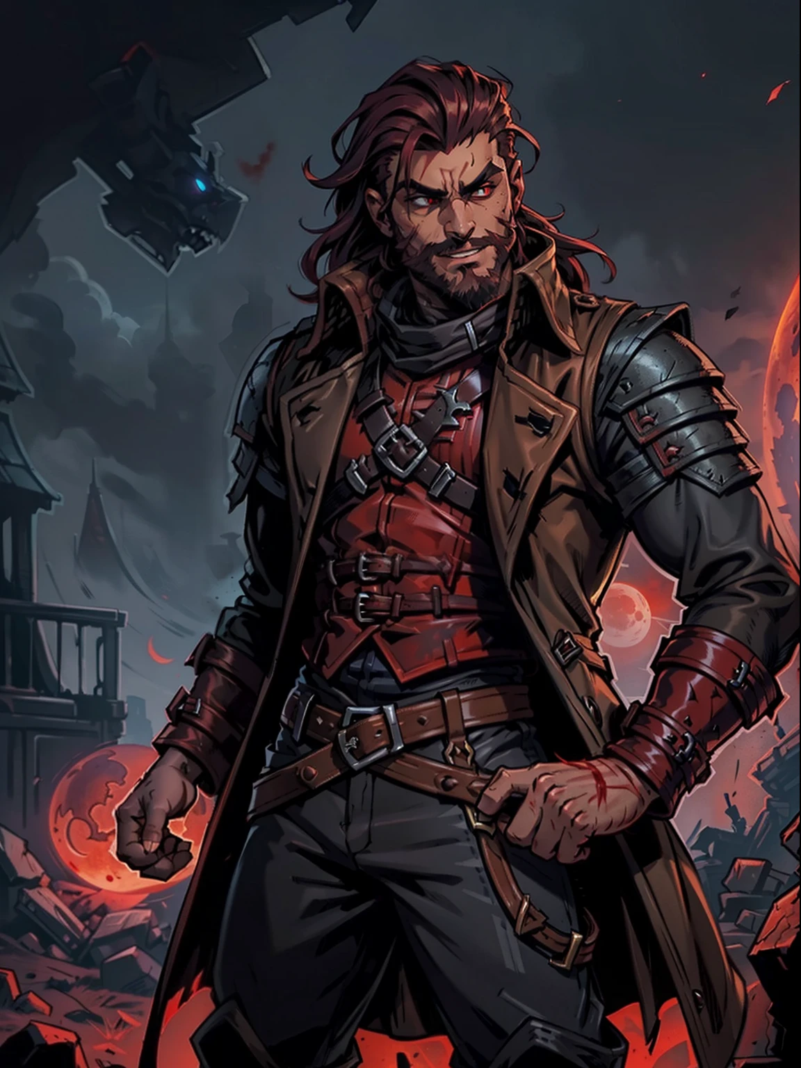 Blood moon background, Darkest Dungeon style, taking treasure. Sadurang from Marvel, hunk, buffed physics, short mane hair, ((mullet)), defined face, detailed eyes, short beard, glowing red eyes, dark hair, wily smile, badass, dangerous. Wearing ((trench coat with long sleeves)), armor vest, cargo pants