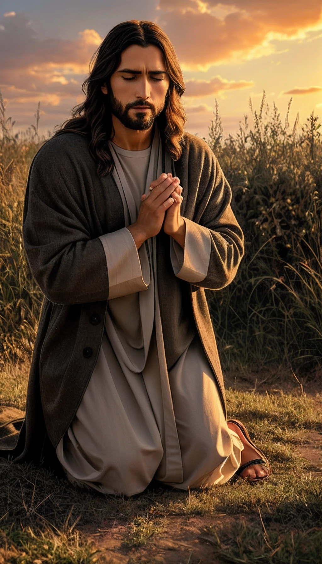 Jesus sitting on the grass with his hands folded in prayer, Jesus Cristo, he is greeting you warmly, kneeling in prayer, Vestido como Jesus Cristo, jesus of nazareth, O Senhor e Salvador, Jesus, Jovem Deus Todo-Poderoso, Retrato de Jesus Cristo, bela cena, hugging his knees, doing a prayer, praying posture, Rezando ao Sol